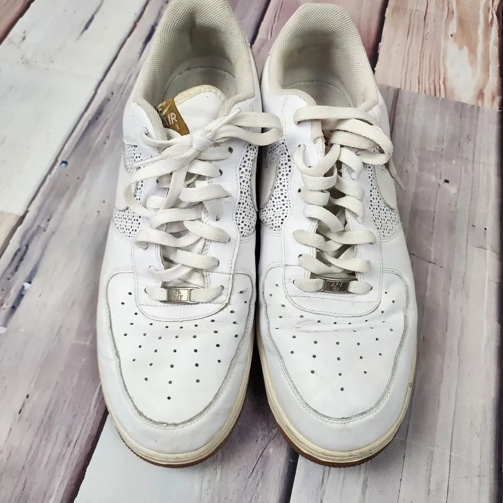Nike Air Force 1 Mens 14 Low White Perforated Side Panels Gold Letter 315122-992